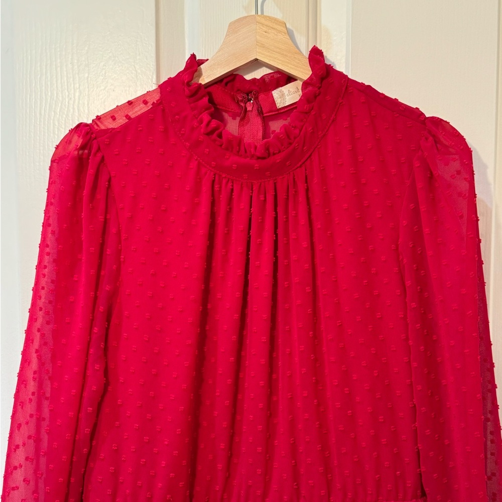 EUC- Altar’d State Red Swiss Dot Tiered Long Sleeve Mini Dress